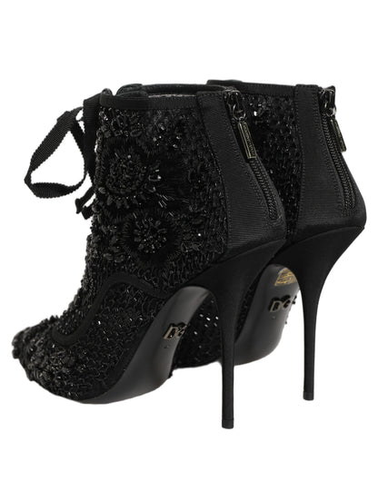 Dolce & Gabbana Women's Goat Leather Nylon & Polyester High-Heel Lace-Up Ankle Short Boots - Black Copper