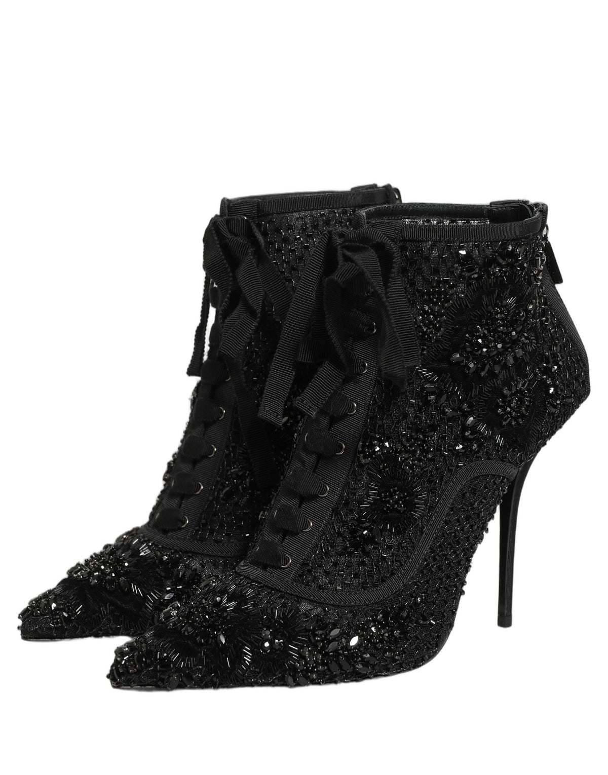 Dolce & Gabbana Women's Goat Leather Nylon & Polyester High-Heel Lace-Up Ankle Short Boots - Black Copper