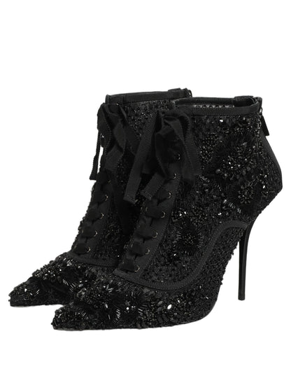 Dolce & Gabbana Women's Goat Leather Nylon & Polyester High-Heel Lace-Up Ankle Short Boots - Black Copper