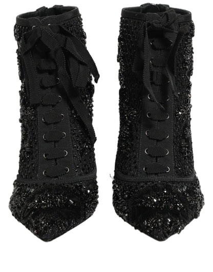 Dolce & Gabbana Women's Goat Leather Nylon & Polyester High-Heel Lace-Up Ankle Short Boots - Black Copper