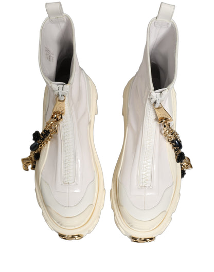 Dolce & Gabbana Women's Polyester Polyurethane Calf & Goat Leather Flat Ankle Biker Boots - White