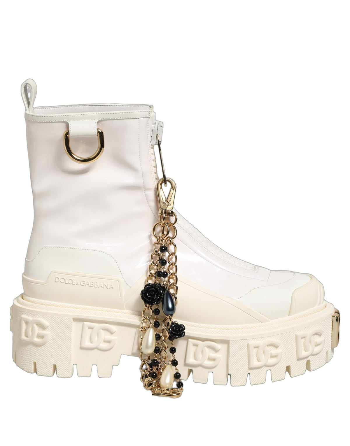 Dolce & Gabbana Women's Polyester Polyurethane Calf & Goat Leather Flat Ankle Biker Boots - White