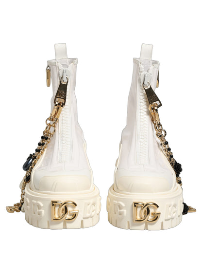 Dolce & Gabbana Women's Polyester Polyurethane Calf & Goat Leather Flat Ankle Biker Boots - White