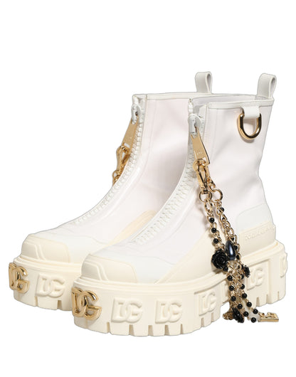 Dolce & Gabbana Women's Polyester Polyurethane Calf & Goat Leather Flat Ankle Biker Boots - White