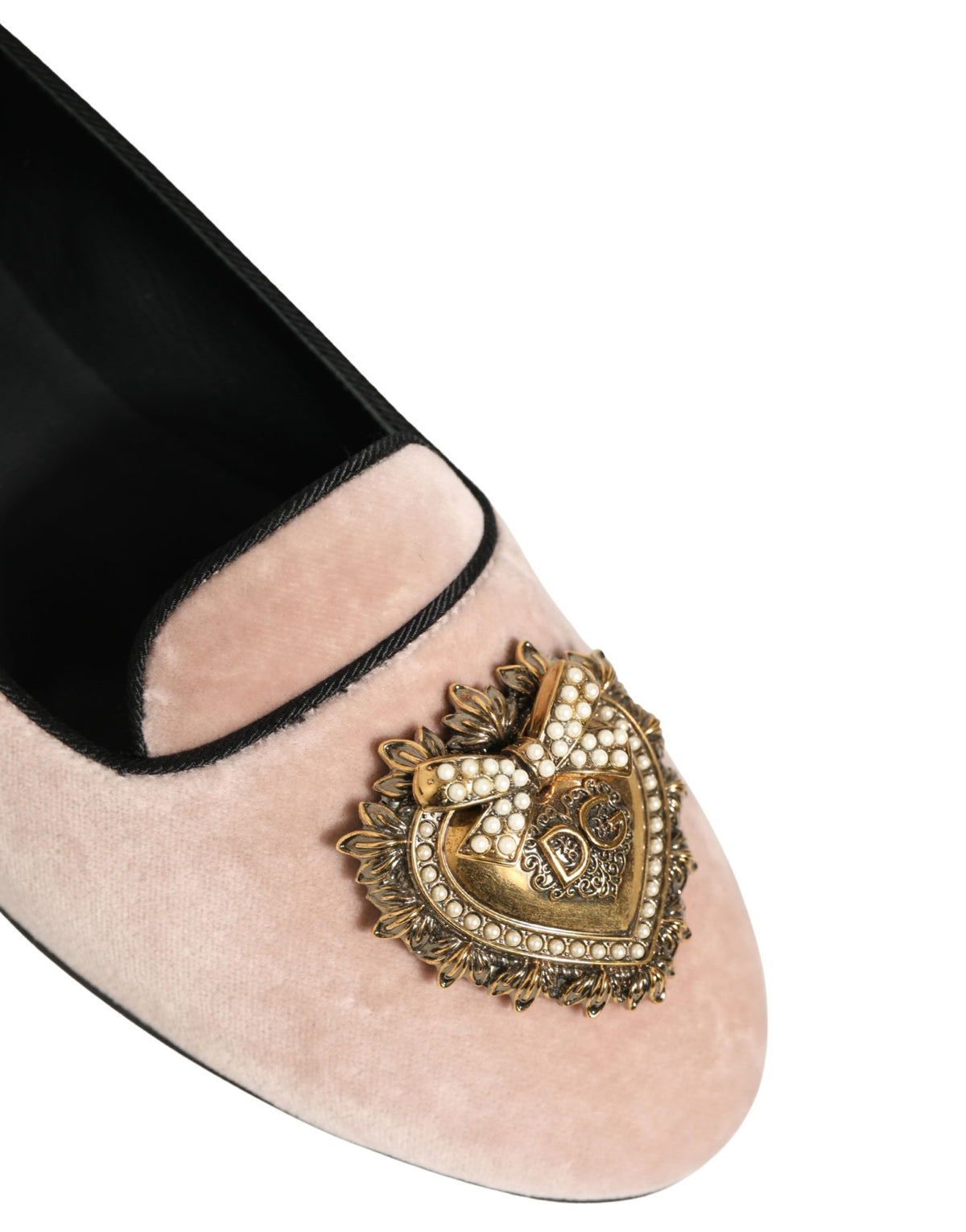 Dolce & Gabbana Devotion Heart Women's Cotton Velvet Viscose & Goat Leather Flat Loafer Slip-On Shoes - Gold Pink