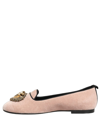 Dolce & Gabbana Devotion Heart Women's Cotton Velvet Viscose & Goat Leather Flat Loafer Slip-On Shoes - Gold Pink
