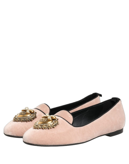 Dolce & Gabbana Devotion Heart Women's Cotton Velvet Viscose & Goat Leather Flat Loafer Slip-On Shoes - Gold Pink
