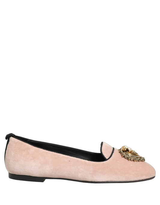 Dolce & Gabbana Devotion Heart Women's Cotton Velvet Viscose & Goat Leather Flat Loafer Slip-On Shoes - Gold Pink