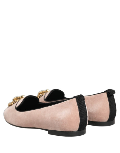 Dolce & Gabbana Devotion Heart Women's Cotton Velvet Viscose & Goat Leather Flat Loafer Slip-On Shoes - Gold Pink