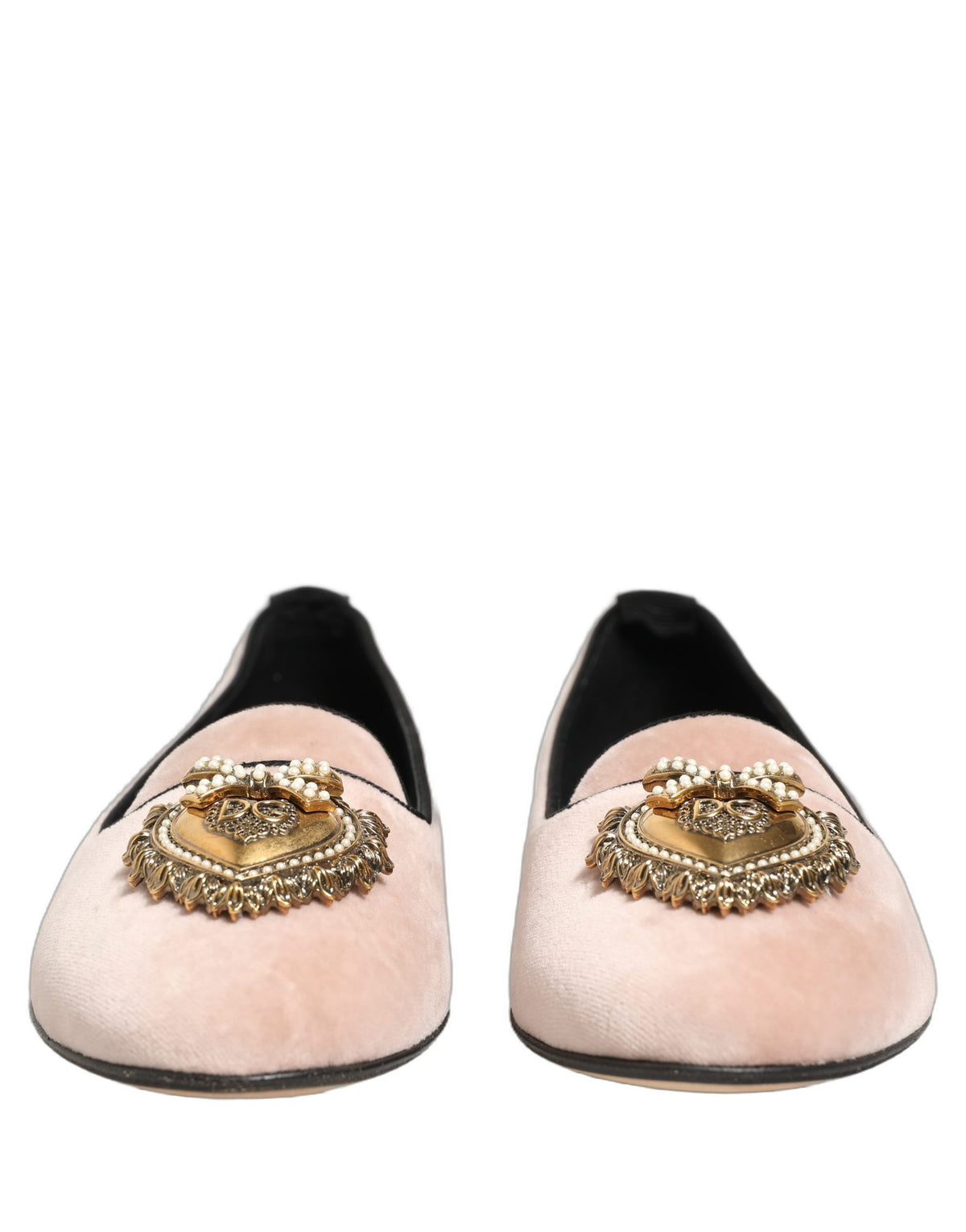 Dolce & Gabbana Devotion Heart Women's Cotton Velvet Viscose & Goat Leather Flat Loafer Slip-On Shoes - Gold Pink