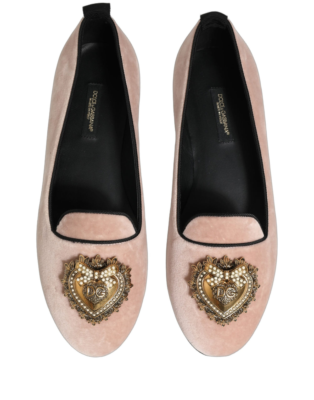 Dolce & Gabbana Devotion Heart Women's Cotton Velvet Viscose & Goat Leather Flat Loafer Slip-On Shoes - Gold Pink
