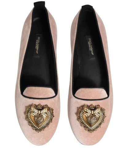 Dolce & Gabbana Devotion Heart Women's Cotton Velvet Viscose & Goat Leather Flat Loafer Slip-On Shoes - Gold Pink