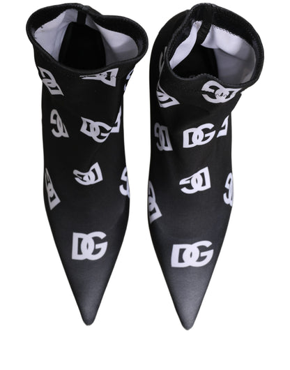 Dolce & Gabbana Women's Polyester & Goat Leather High-Heel Ankle Short Boots - Black White Monogram