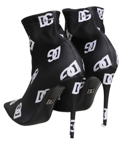 Dolce & Gabbana Women's Polyester & Goat Leather High-Heel Ankle Short Boots - Black White Monogram
