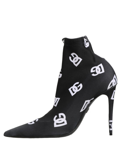 Dolce & Gabbana Women's Polyester & Goat Leather High-Heel Ankle Short Boots - Black White Monogram