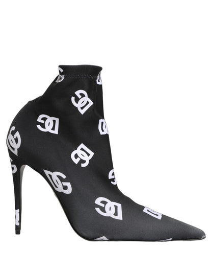 Dolce & Gabbana Women's Polyester & Goat Leather High-Heel Ankle Short Boots - Black White Monogram