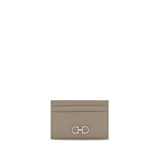 Cardholder Wallet by Ferragamo for women in bos taurus calf nubuck leather beige & palladium features a streamlined silhouette, showcasing the streamlined Gancini Bos Taurus Calf Nubuck Leather Cardholder Wallet design with sophisticated card-organization compact-design for a premium look.
