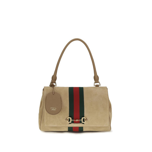 This Medium Handbag by Gucci for women in bos taurus calf suede leather and beige, green, red & striped presents a sculptural silhouette featuring a secure snap, zipper, magnetic & button, ample , and versatile shoulder-strap & adjustable-strap for a sculptural finish.