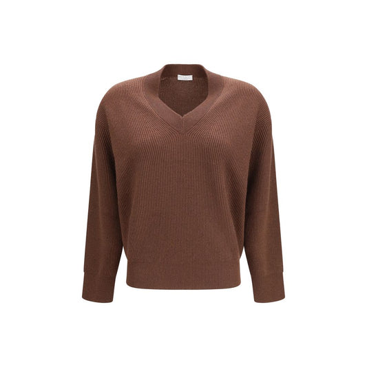 Sweater by Brunello Cucinelli for women in cashmere polyester & viscose brown showcases an masterful silhouette, artfully detailed with a masterful v-neck neckline and long-sleeve for a sophisticated, premium finish.