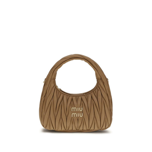 Quilted Shoulder Hobo Bag by Miu Miu for women in leather beige, patterned & monogram features a effortless sophistication silhouette, secured by a zipper with ample single-compartment and versatile shoulder-strap for a effortless sophistication finish.