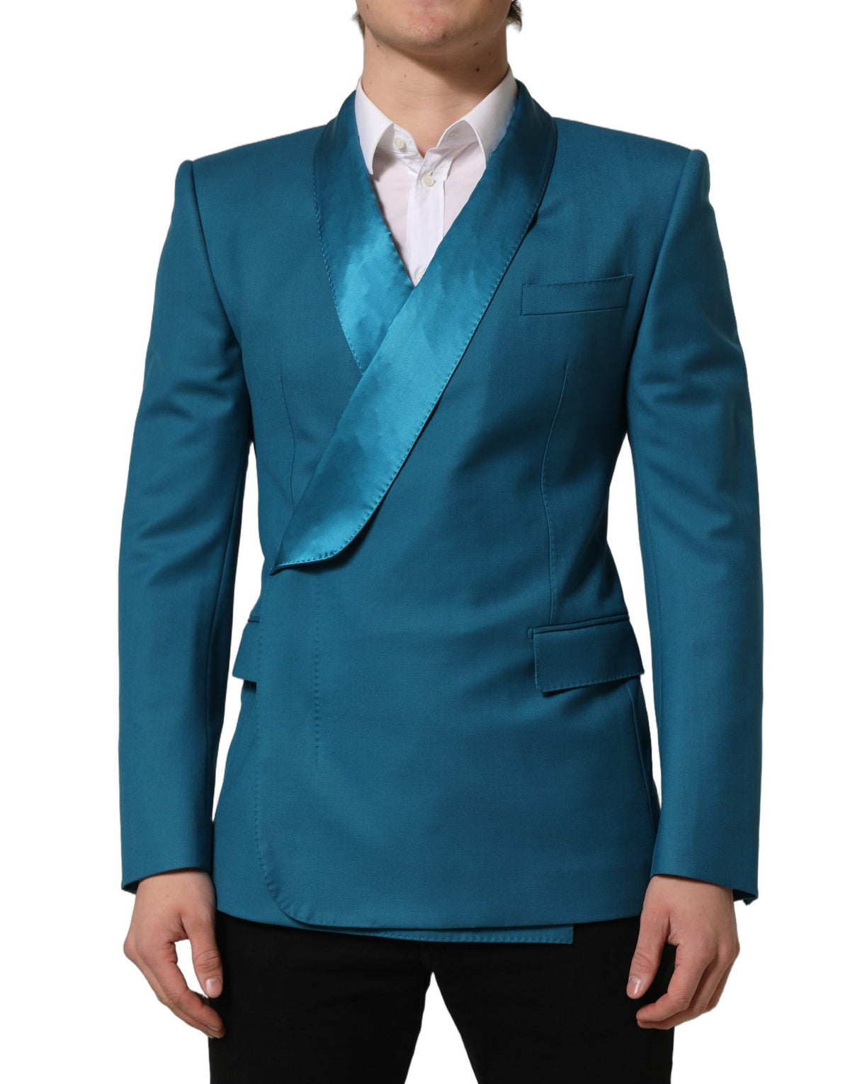 Dolce & Gabbana Men's Double Breasted Wool & Silk Satin Blazer - Blue Teal