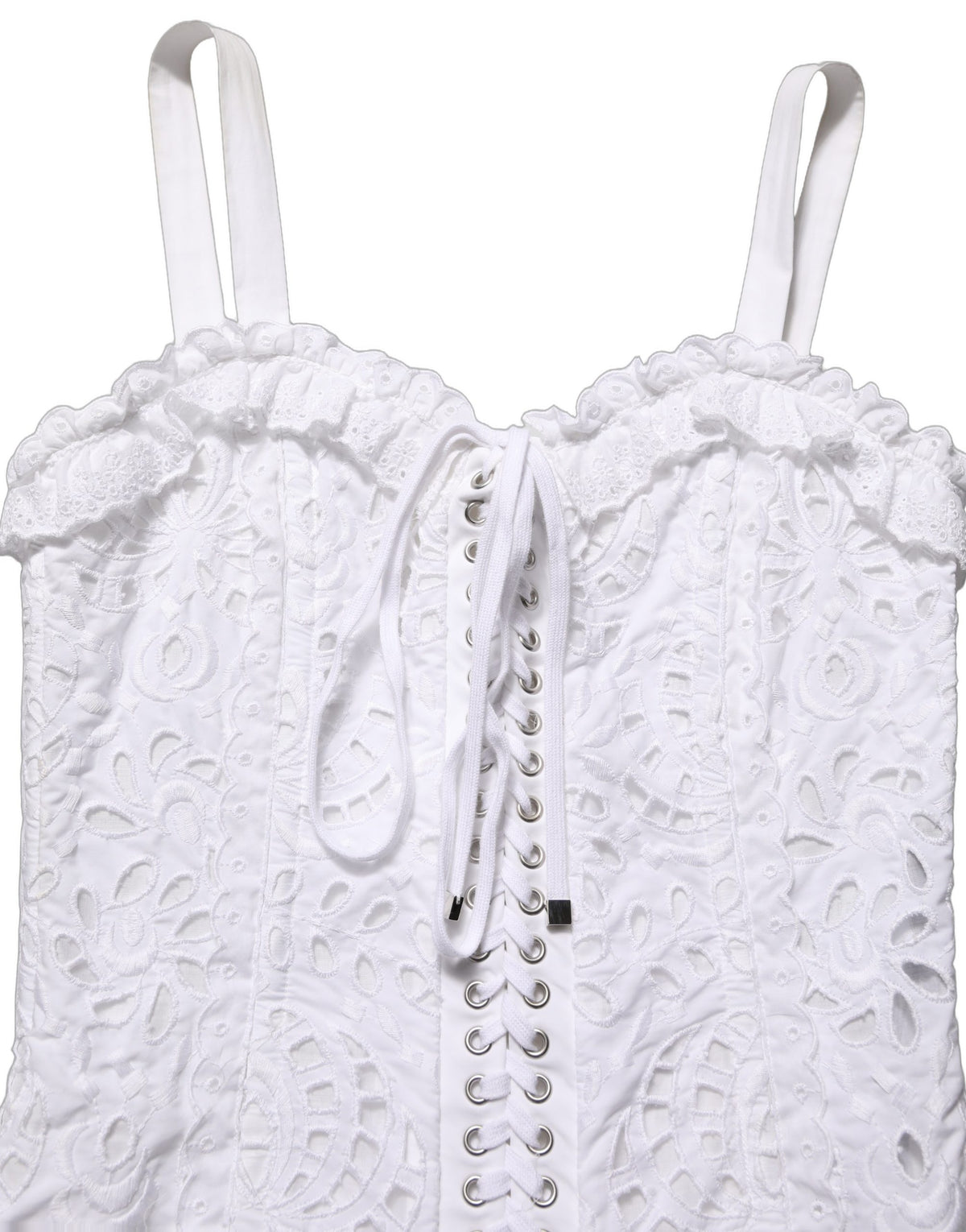 Dolce & Gabbana Women's Wrap Corset Bustier Sleeveless Sweetheart Neck Cotton Lace Polyester & Viscose Mini Dress - White