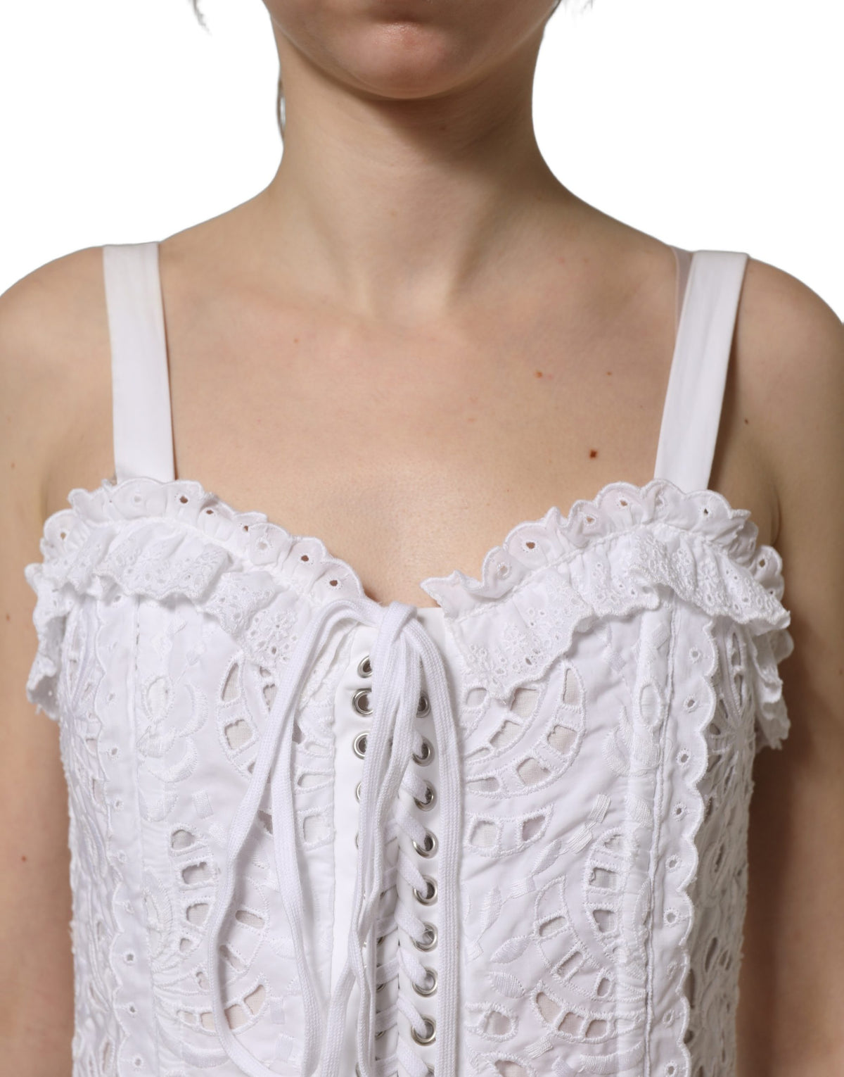 Dolce & Gabbana Women's Wrap Corset Bustier Sleeveless Sweetheart Neck Cotton Lace Polyester & Viscose Mini Dress - White