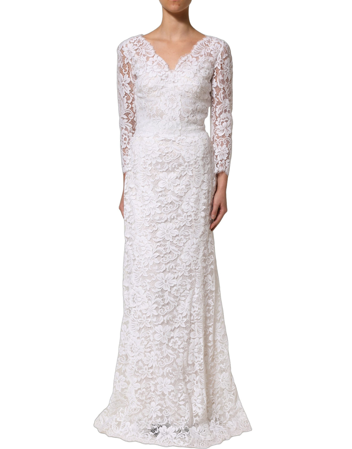 Dolce & Gabbana Women's Gown Wrap Long-Sleeve V Neck Cotton Silk Viscose & Lace Mini Long Dress - White Floral
