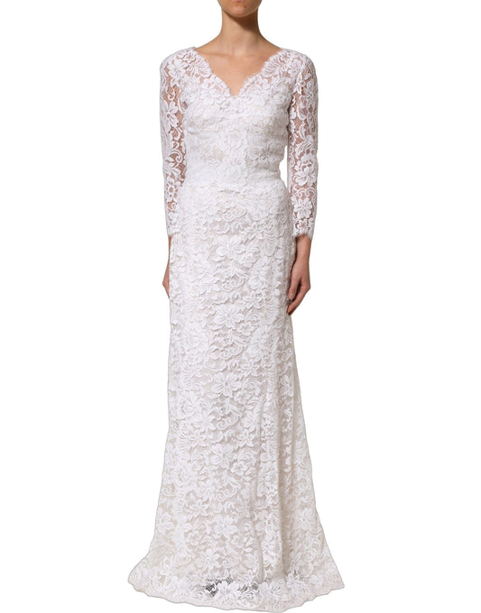 Dolce & Gabbana Women's Gown Wrap Long-Sleeve V Neck Cotton Silk Viscose & Lace Mini Long Dress - White Floral