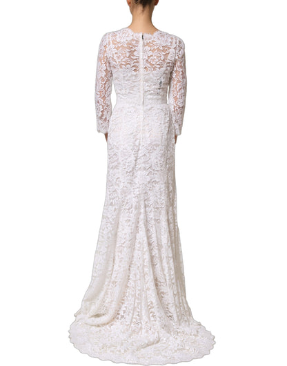 Dolce & Gabbana Women's Gown Wrap Long-Sleeve V Neck Cotton Silk Viscose & Lace Mini Long Dress - White Floral