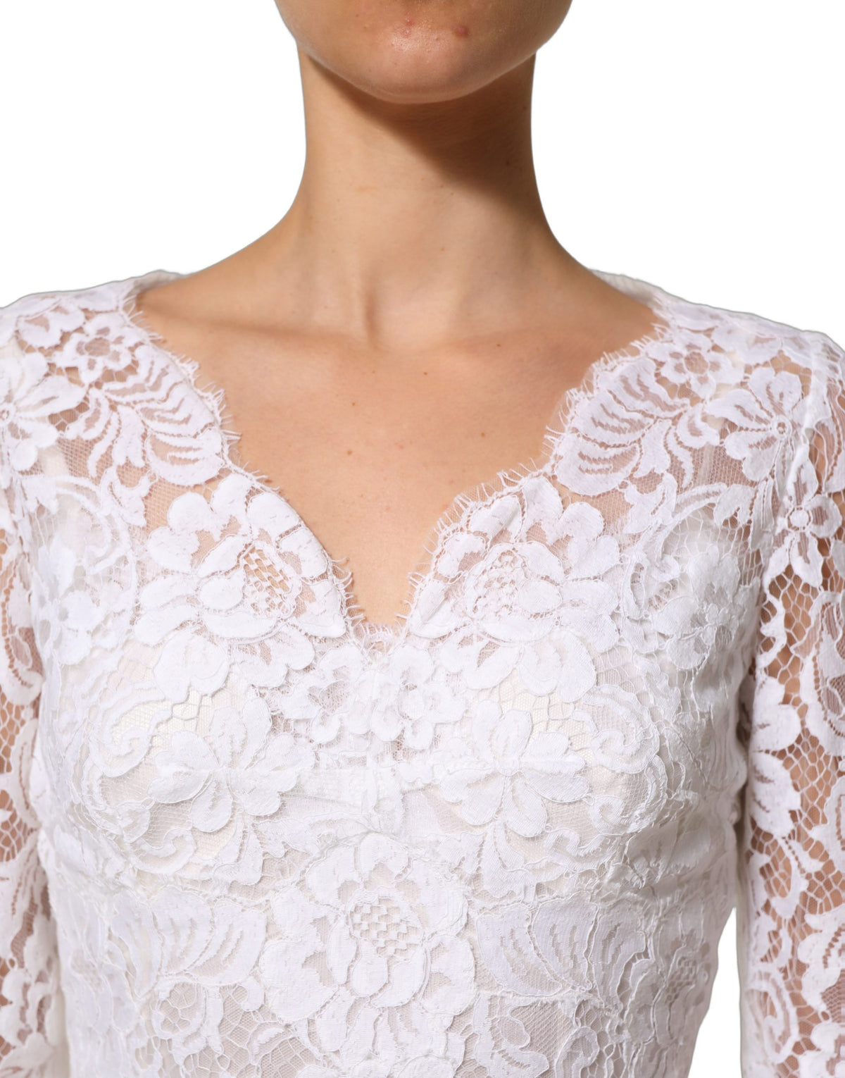 Dolce & Gabbana Women's Gown Wrap Long-Sleeve V Neck Cotton Silk Viscose & Lace Mini Long Dress - White Floral