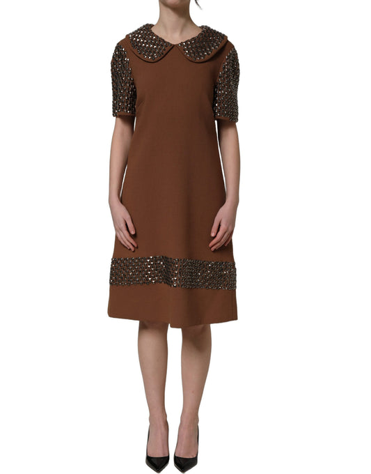 Dolce & Gabbana Women's Shift Wrap Cocktail Silk Virgin Wool Crepe & Rhinestone Midi Mini Dress - Brown