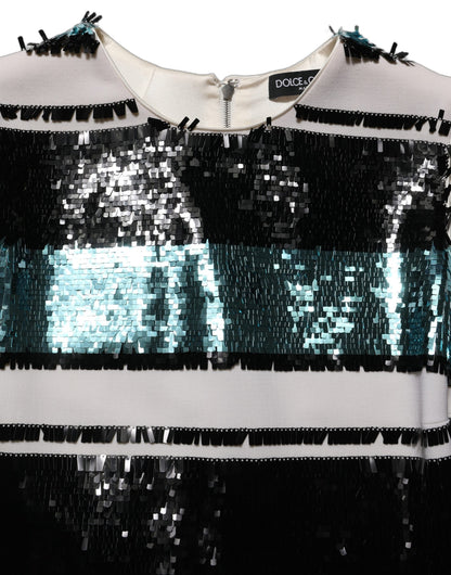 Dolce & Gabbana Women's Shift Wrap Cocktail Sleeveless Virgin Wool & Silk Mini Dress - Black Multicolor Teal Striped