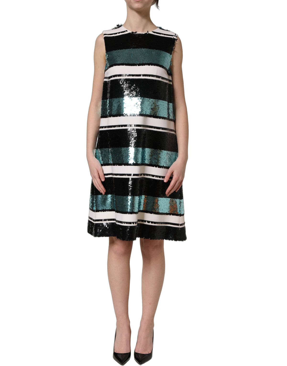 Dolce & Gabbana Women's Shift Wrap Cocktail Sleeveless Virgin Wool & Silk Mini Dress - Black Multicolor Teal Striped