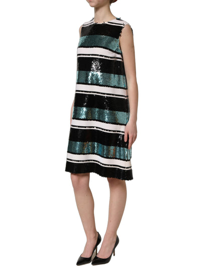 Dolce & Gabbana Women's Shift Wrap Cocktail Sleeveless Virgin Wool & Silk Mini Dress - Black Multicolor Teal Striped
