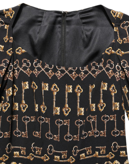Dolce & Gabbana Women's Sheath Wrap Cocktail Long-Sleeve Viscose Silk Midi Dress - Black Gold Print