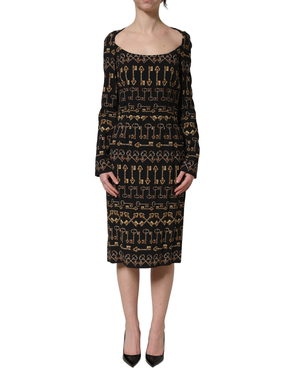 Dolce & Gabbana Women's Sheath Wrap Cocktail Long-Sleeve Viscose Silk Midi Dress - Black Gold Print