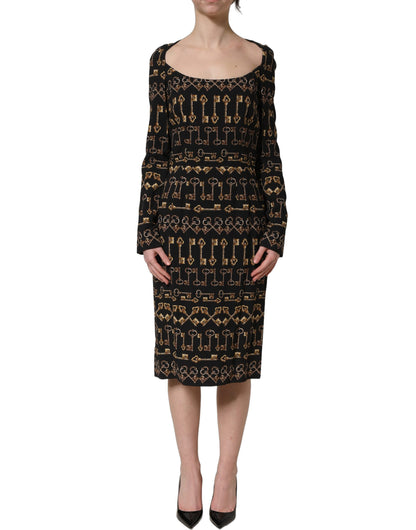 Dolce & Gabbana Women's Sheath Wrap Cocktail Long-Sleeve Viscose Silk Midi Dress - Black Gold Print