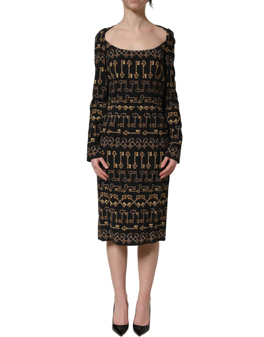 Dolce & Gabbana Women's Sheath Wrap Cocktail Long-Sleeve Viscose Silk Midi Dress - Black Gold Print