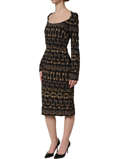 Dolce & Gabbana Women's Sheath Wrap Cocktail Long-Sleeve Viscose Silk Midi Dress - Black Gold Print