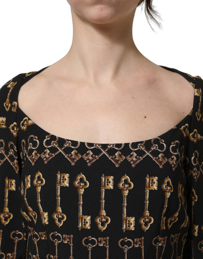 Dolce & Gabbana Women's Sheath Wrap Cocktail Long-Sleeve Viscose Silk Midi Dress - Black Gold Print