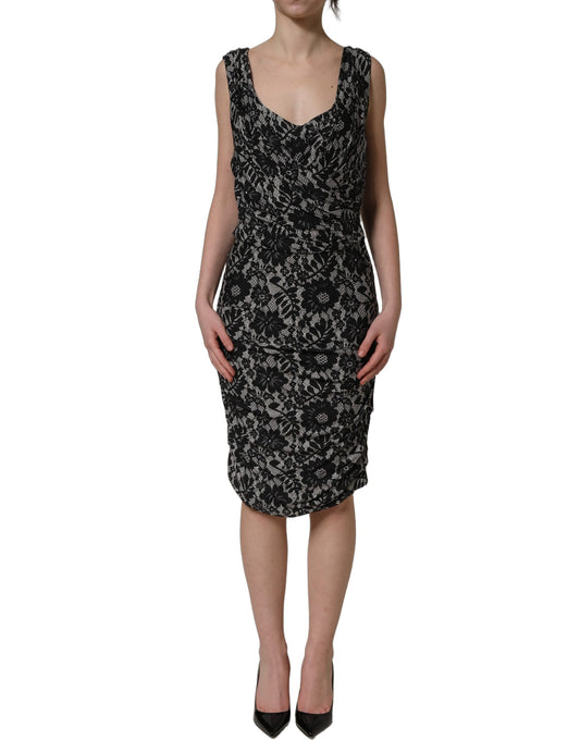 Dolce & Gabbana Women's Cocktail Sleeveless Elastane Lace & Viscose Midi Dress - Black White Floral