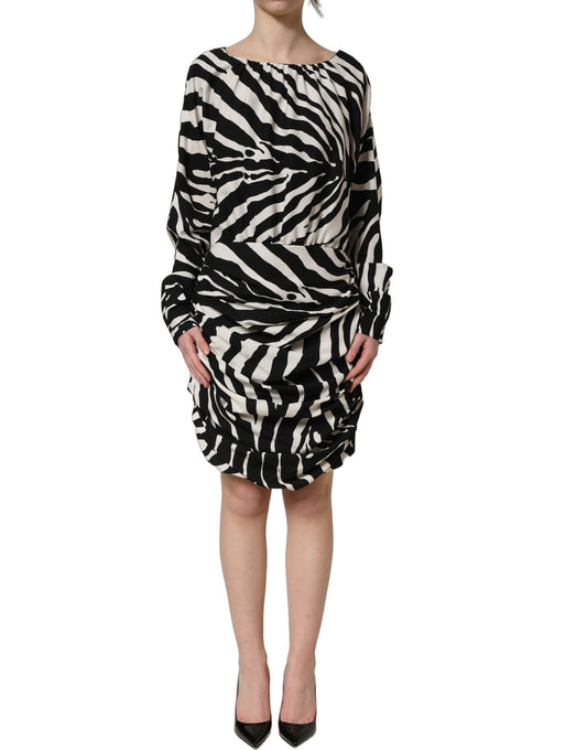 Dolce & Gabbana Women's Wrap Long-Sleeve Silk Short Mini Dress - Black White Zebra Print
