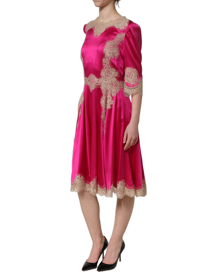 Dolce & Gabbana Women's A Line Wrap Short-Sleeve Elastane Lace & Silk Midi Mini Dress - Fuchsia Pink