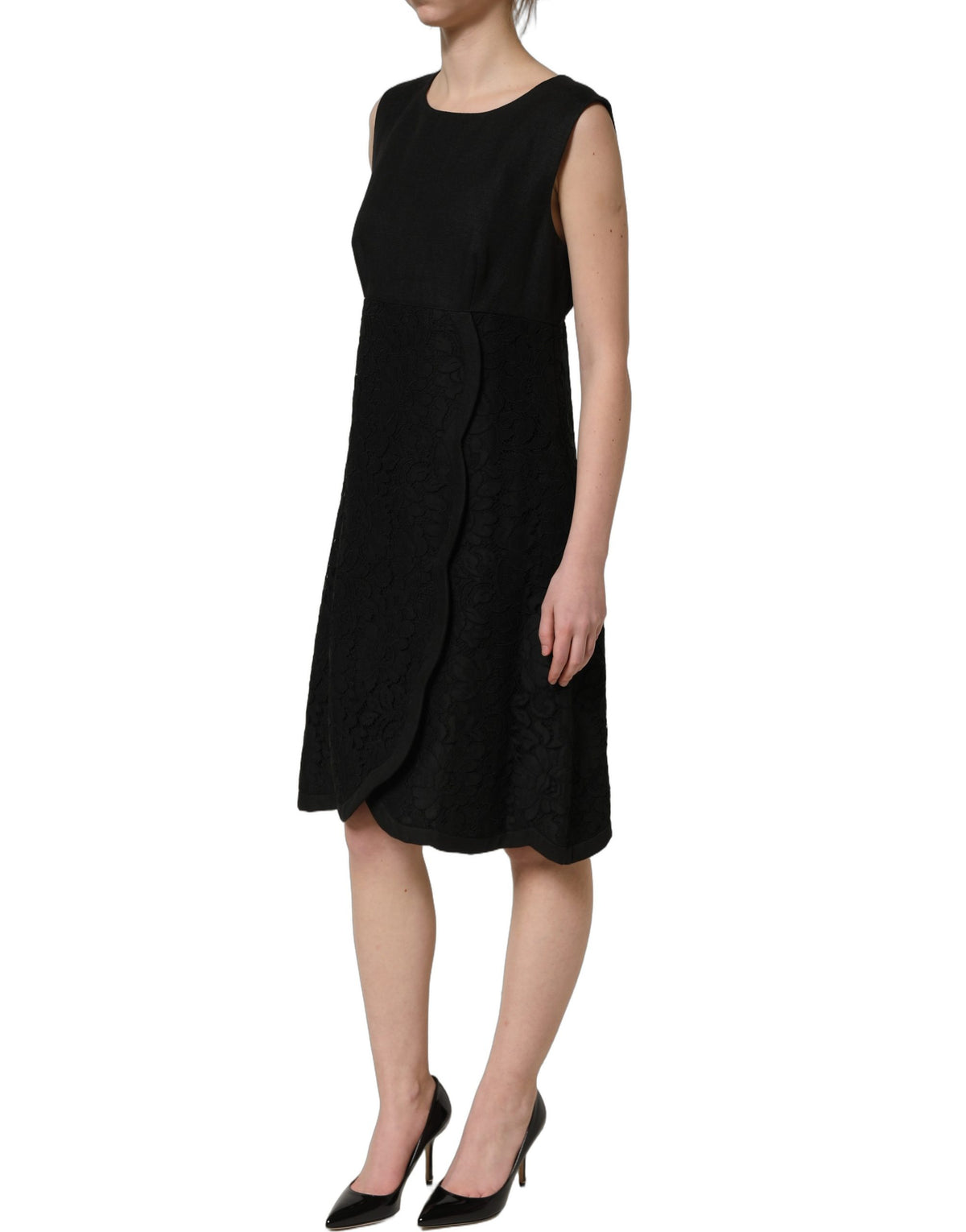 Dolce & Gabbana Women's Shift Wrap Sleeveless Cotton Flax Ramie & Lace Mini Dress - Black Floral