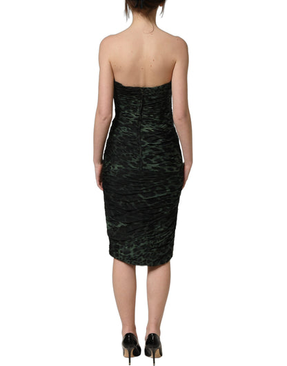 Dolce & Gabbana Women's Sheath Corset Bustier Cocktail Sleeveless Silk Midi Dress - Green Leopard Print Print