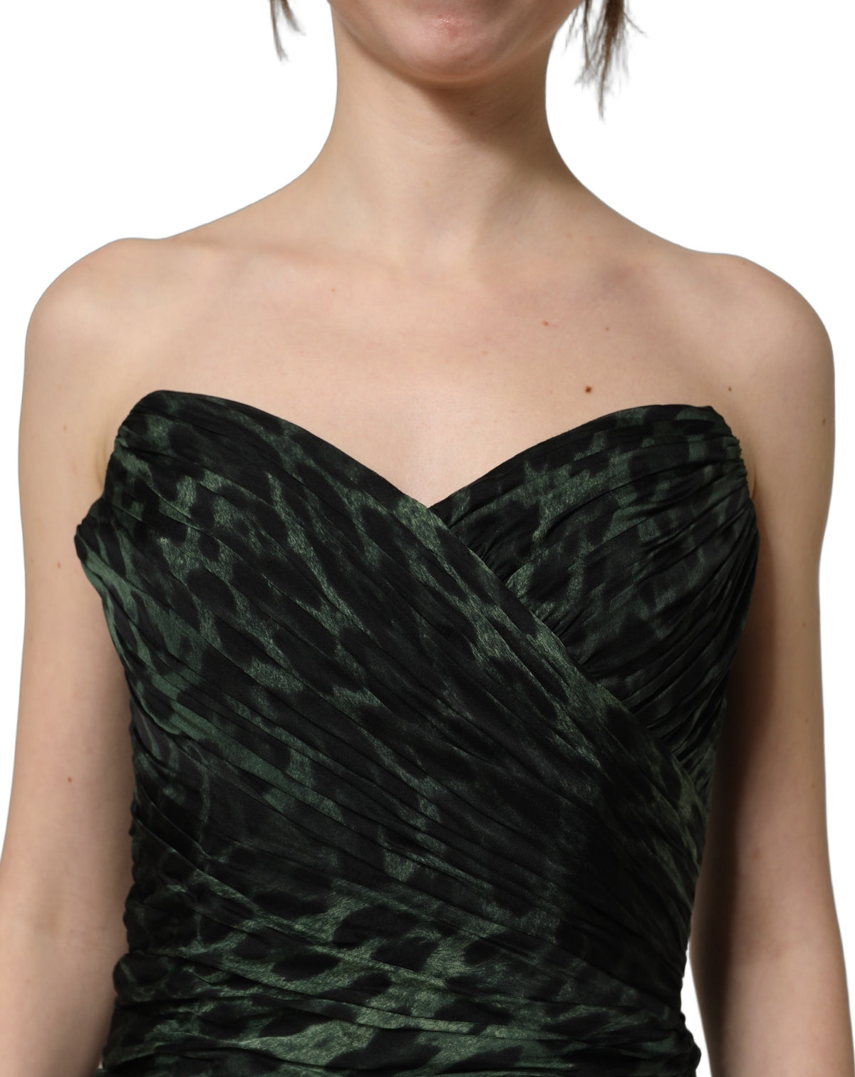 Dolce & Gabbana Women's Sheath Corset Bustier Cocktail Sleeveless Silk Midi Dress - Green Leopard Print Print