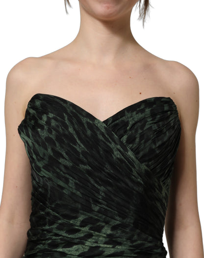 Dolce & Gabbana Women's Sheath Corset Bustier Cocktail Sleeveless Silk Midi Dress - Green Leopard Print Print