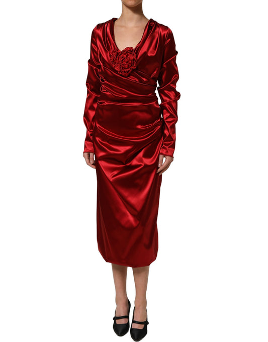 Dolce & Gabbana Women's Sheath Wrap Cocktail Long-Sleeve Cotton Nylon Satin & Silk Midi Mini Dress - Red Ruby Floral