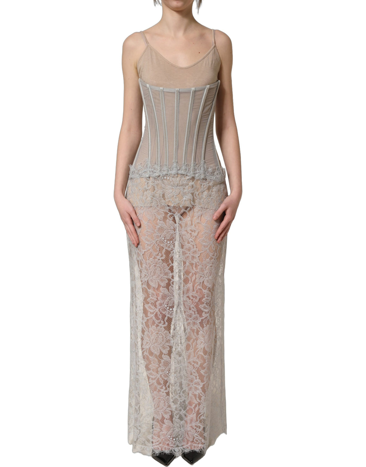 Dolce & Gabbana Women's Wrap Corset Bustier Sleeveless PVC Polyester Silk Lace & Resin Maxi Mini Long Dress - Gray